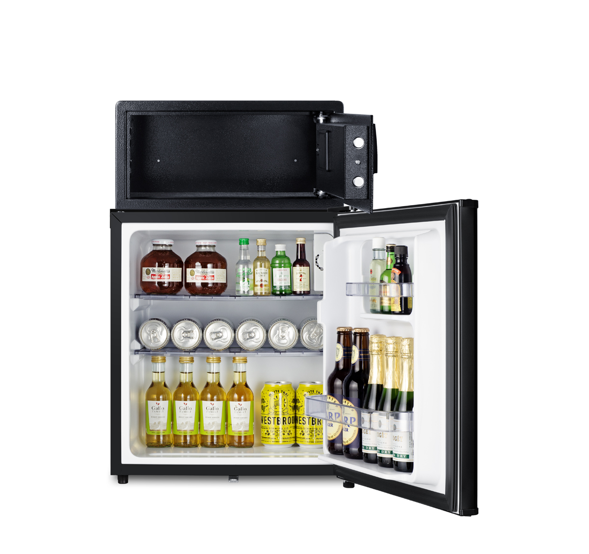 Compact minibar with front lock and black exterior with an in-room hotel safe in black with digital keypad lock